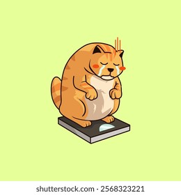 vector cartoon of a cute fat cat feeling sad looking at the scale with a weight that is too heavy