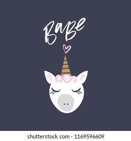 Vector cartoon cute flat girl unicorn face. Nursery sketch art. It may be used for sticker, poster, postcard, badge, layout, greeting card, patch, wall art, phone case, t-shirt