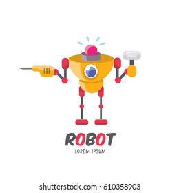 vector cartoon cute flat robot icon isolated on white. orange funny robot logo design template