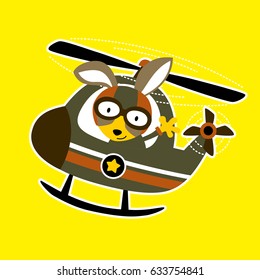 vector cartoon of cute fox on military helicopter