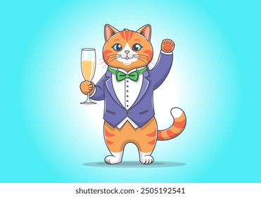 Vector de dibujos animados lindo amigable afable gato atigrado rojo en camisa blanca, frac azul, pajarita verde y pata delantera levantada. Copa de champán o vino. Banquete festivo, cumpleaños o feriado.