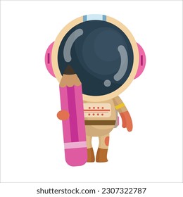 vector cartoon cute and funny astronaut standing straight with a purple pencil in hand