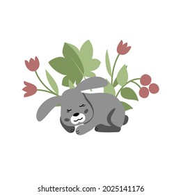 vector cartoon cute funny childish grey rabbit bunny sleeping under green leaves and red flowers on white for kid design card cloth paper