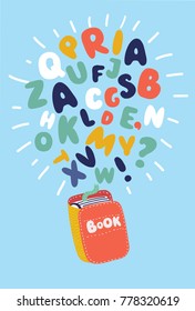 Vector cartoon cute funny colorful illustration of Book with flying letters, Education template design element.