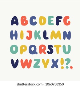 Vector Cartoon Cute Funny English ABC. Collection Of Funny Bubble Alphabet. Cute Colorful English Font, Hand Drawn Typeface In Different Colors On White