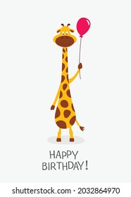 Vector Cartoon Cute Funny Giraffe, Baby Greeting Card. Happy Birhday. Full Length Giraffe with Ball, Design Template for Print, Birthday Card. Child, Kid Concept. Tall Funny Hand Drawn Giraffe