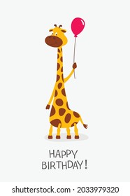 Vector Cartoon Cute Funny Giraffe, Baby Greeting Card. Happy Birhday. Full Length Giraffe with Ball, Design Template for Print, Birthday Card. Child, Kid Concept. Tall Funny Hand Drawn Giraffe