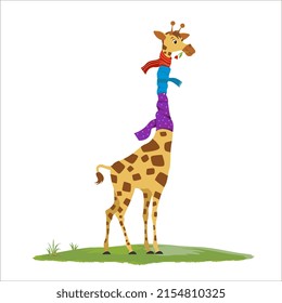 Caricatura vectorial cuesta graciosa jirafa en una tarjeta de bienvenida para niños con bufanda. Una jirafa de largo. Plantilla de diseño para impresión, tarjeta de felicitación.Giraffe de vectores divertidos de tall