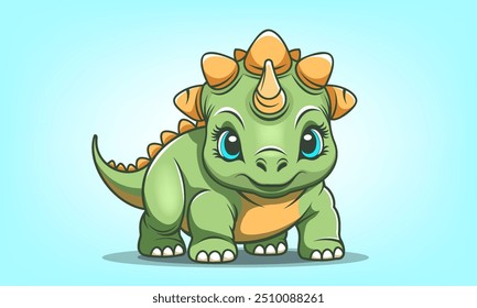 Vektor Cartoon niedlich lustig grün lächelnden Baby Dinosaurier. Gehörnter Kuscheltier-Dino. Toon Fossil Reptil. Hellblauer, isolierter Hintergrund.