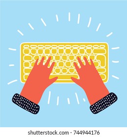 Vector cartoon cute funny illustration of human hand keyboard typing. Modern concept in colorful modern style.