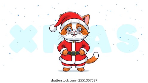 Vektor-Cartoon niedlich lustig Kätzchen in Brille und Weihnachtsmann Kostüm. Frohe Weihnachten und einen guten Rutsch ins neue Jahr. Festlich lächelnde fröhliche Toon Ingwer Katze in rotem Pelzmantel und Mütze.