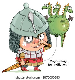 Vector cartoon. Cute funny knight after a fight with a scary green dragon. Black eye, but happy. With the phrase May victory be with you