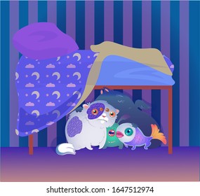 Vector cartoon cute funny monsters under the bed colorful fairytale illustration children imagination