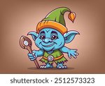 Vector cartoon cute funny nice kind blue troll or gnome with a staff in a green hat and cape. Smiling creature from fairy tales and legends. Animation