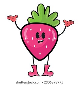 vector cartoon cute and funny purple strawberry fruit with green leaves on it