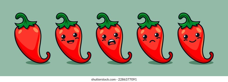 Vector Cartoon Cute and Funny Red Hot Chili Pepper Icon Set. Kawaii Style. Fresh Chili Hot Pepper with Different Emotions. Design Template for Culinary Products and Recipes. Vector Illustration