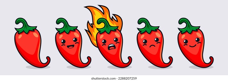 Dibujo vectorial lindo y divertido conjunto de íconos de pimienta de chile rojo caliente. Estilo Kawaii. Pimienta caliente de chile fresca con diferentes emociones. Plantilla de diseño para productos y recetas culinarios. Ilustración vectorial