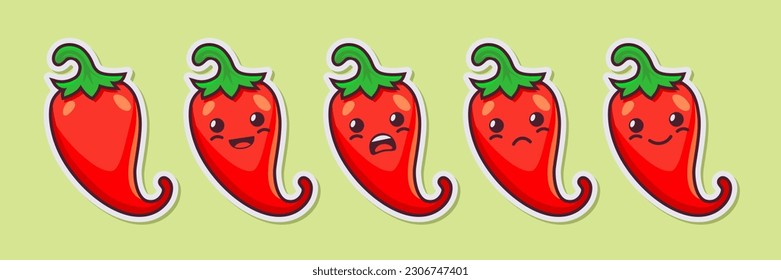 Vector Cartoon Cute and Funny Red Hot Chili Pepper Icon Set. Kawaii Style. Fresh Chili Hot Pepper with Different Emotions. Design Template for Culinary Products and Recipes. Vector Illustration