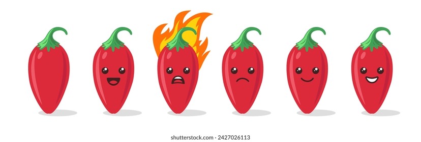 Vector Cartoon Cute and Funny Red Hot Chili Pepper Icon Set. Kawaii Style. Fresh Chili Hot Pepper with Different Emotions. Design Template for Culinary Products and Recipes. Vector Illustration