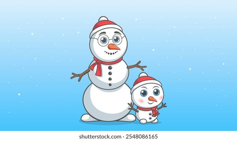 Vector cartoon cute funny smiling snowmen, dad and little son. In red scarves and hats. Merry Christmas and Happy New Year. Winter december holiday season. Snowman.