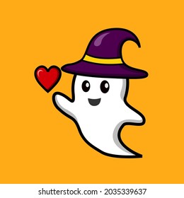 vector cartoon cute ghost with heart. orange background cute ghost icon for halloween.