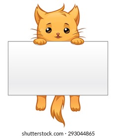 Vector cartoon cute ginger cat hanging on a blank white sign