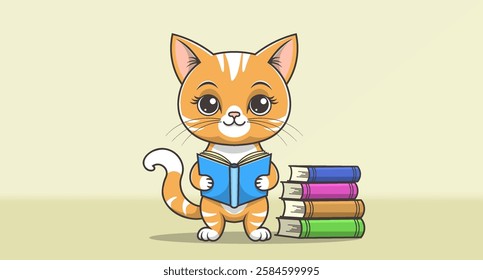 Vector cartoon cute ginger little cat stands with open book. Toon smiling kitten reading. Stack of colored books. Education and knowledge. Animal school and college