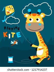 Vector cartoon of cute giraffe playing kite with dragonfly