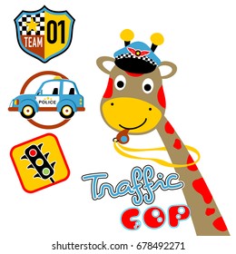 vector cartoon of cute giraffe with traffic cop elements