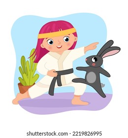 Vector cartoon of a cute girl is engaged in karate with a gray rabbit.
