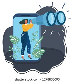 Vector cartoon a cute girl in formal clothes and smiling facial expression look through binoculars at the night. Data collection, research, search, navigator concept. Human character on dark backgroun