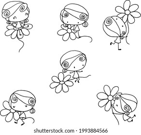 vector cartoon cute girl hold flowers heart shape set 