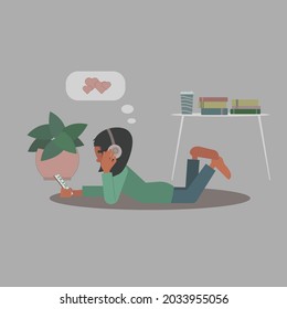 Vector cartoon cute girl at home with phone and headphones listen to music and chatting. A plant, books and coffee indoors.