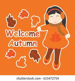Vector cartoon of cute girl and maple leaves for Autumn postcard, greeting card, and wallpaper