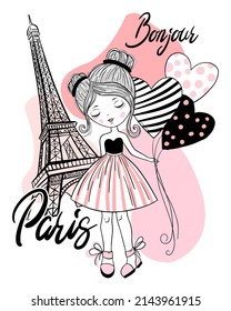 Caricatura vectorial linda chica en París, Francia. y letras. Diseño de caracteres, Torre Eiffel y letras