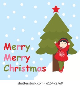Vector cartoon of cute girl with Xmas tree on snow fall background for Christmas postcard, greeting card, and wallpaper