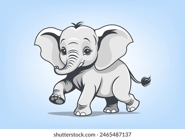 Vector cartoon cute gray walking little baby elephant. African or Indian animal. Zoo.