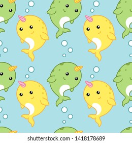 Vector Cartoon Cute Green and Yellow Narwhal Patterns