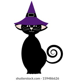 Vector Cartoon Cute Halloween Black Cat With Witch Hat