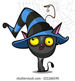 Vector cartoon cute Halloween black cat in witch hat isolated  on white background