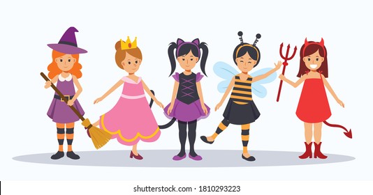 Vector cartoon of Cute Halloween characters.Children in Halloween costume. Halloween kids.
 group of Girls in Halloween costume.