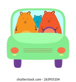 Vector cartoon cute hamsters in the car. Funny card with happy family. Pet driver.