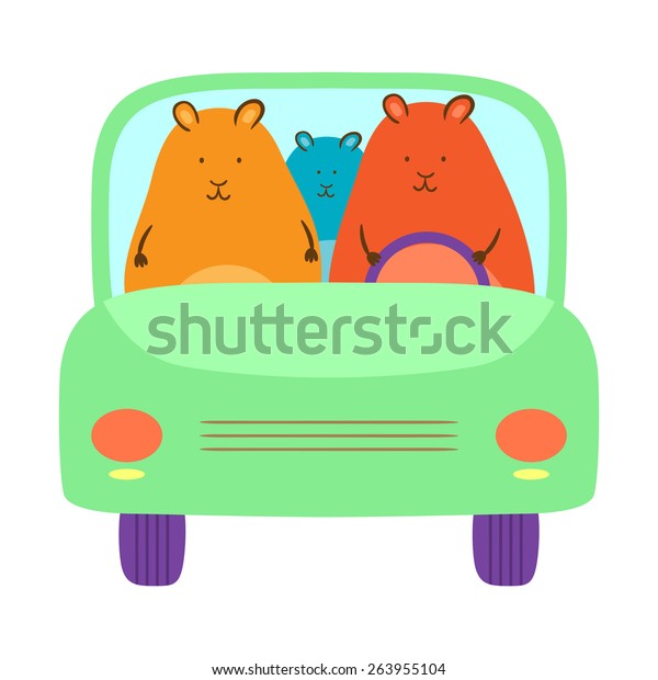 Vector cartoon cute hamsters in the car. Funny\
card with happy family. Pet\
driver.
