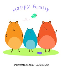 Vector cartoon cute hamsters. Funny card with happy family.