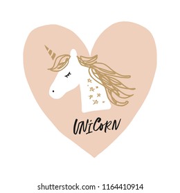 Vector cartoon cute hand drawn unicorn applique. Pastel nursery illustration with text. It may be used for sticker, poster, postcard, badge, layout, greeting card, patch, wall art, phone case, t-shirt