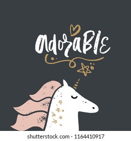 Vector cartoon cute hand drawn unicorn applique. Pastel nursery illustration with text. It may be used for sticker, poster, postcard, badge, layout, greeting card, patch, wall art, phone case, t-shirt