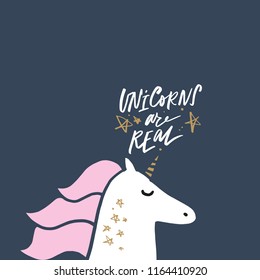 Vector cartoon cute hand drawn unicorn applique. Pastel nursery illustration with text. It may be used for sticker, poster, postcard, badge, layout, greeting card, patch, wall art, phone case, t-shirt