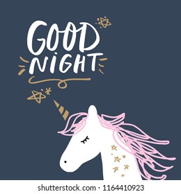 Vector cartoon cute hand drawn unicorn applique. Pastel nursery postcard and poster with text. Good night