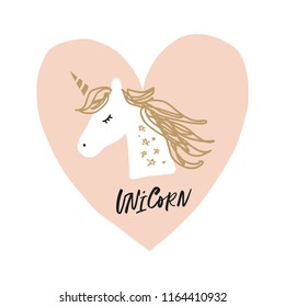 Vector cartoon cute hand drawn unicorn applique. Pastel nursery illustration with text. It may be used for sticker, poster, postcard, badge, layout, greeting card, patch, wall art, phone case, t-shirt