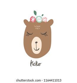 Vector cartoon cute hand drawn bear isolated face. Pastel nursery art. It may be used for sticker, poster, postcard, badge, layout, greeting card, patch, wall art, phone case, t-shirt